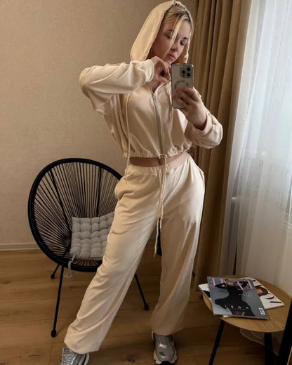Damen Veloursanzug Mit Kapuze Cropped Freizeitanzug