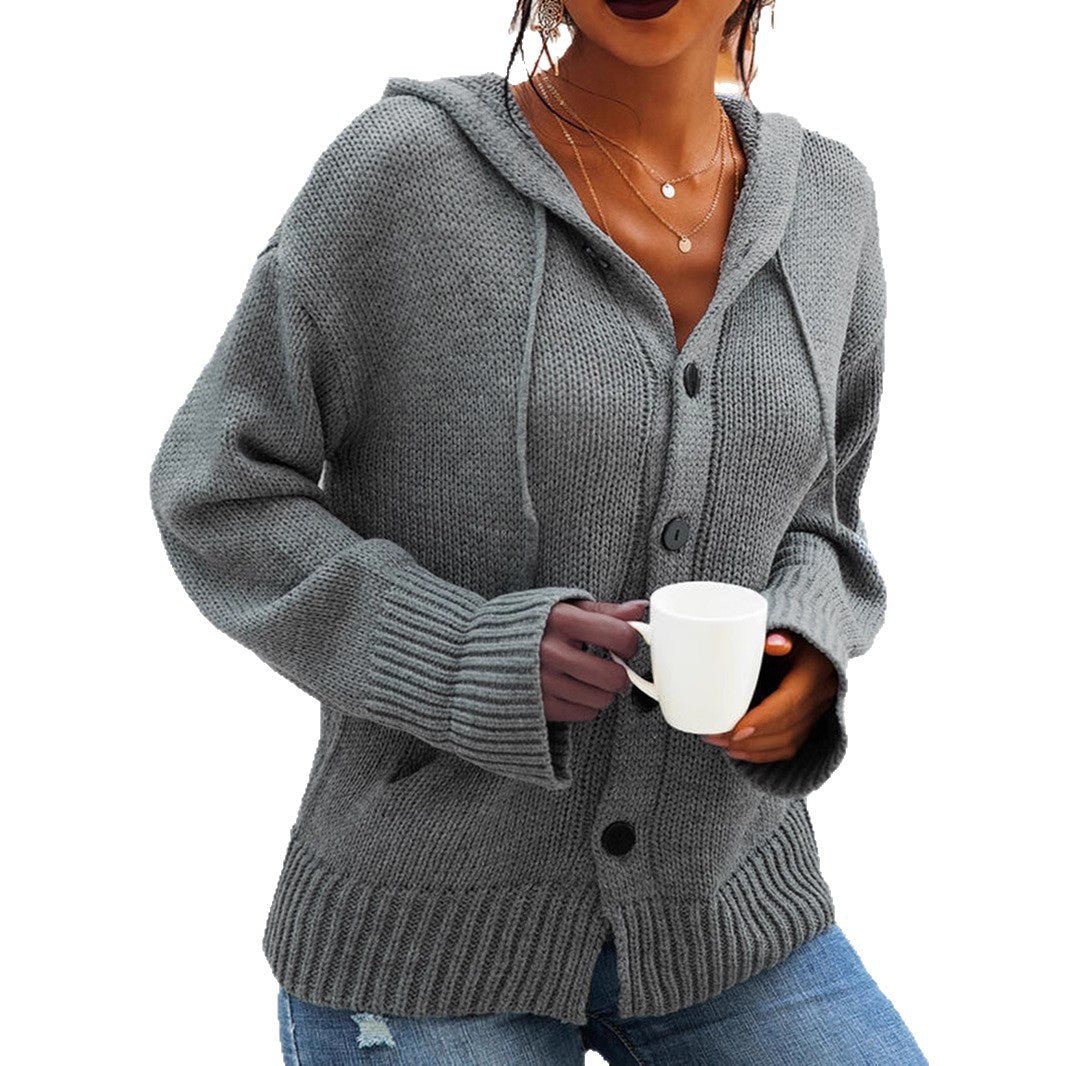 Damen Cardigan Grobstrick Kapuze Knöpfe Beige