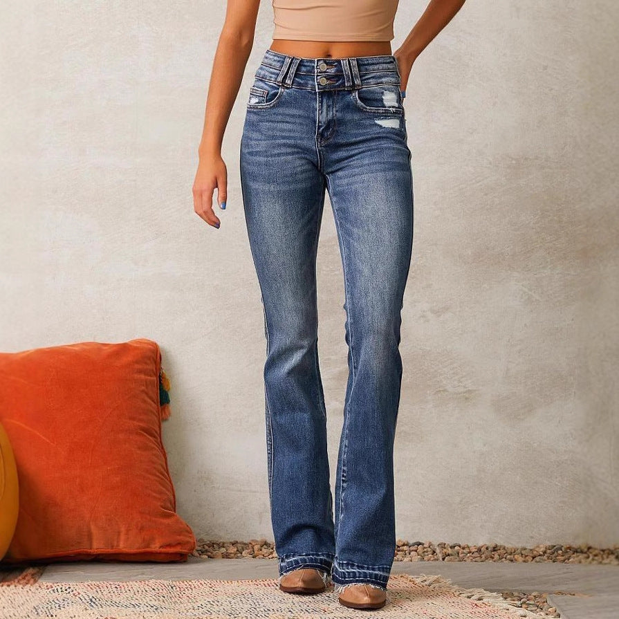 Damen Highwaist Bootcut Jeans Distressed Dunkelblau - Eveloria