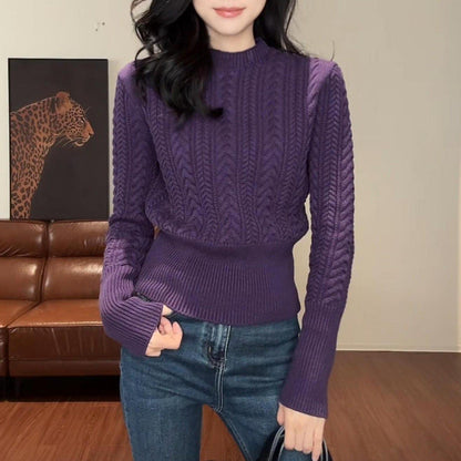 Damen Grobstrickpullover Rundhalsausschnitt Höher Bund Eveloria