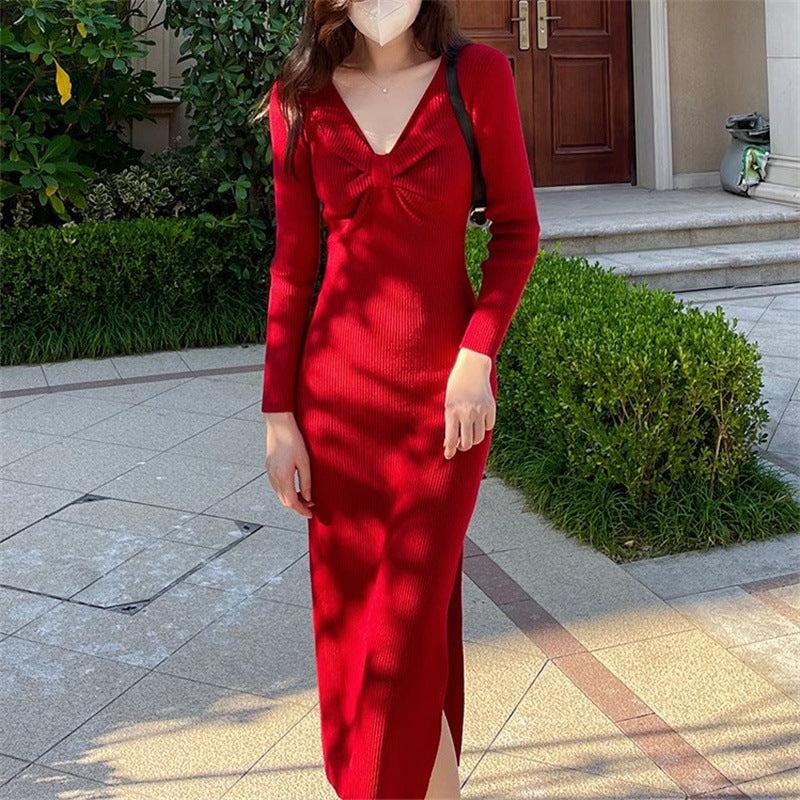 Damen Strickkleid V-Ausschnitt Seitenschlitz Eveloria