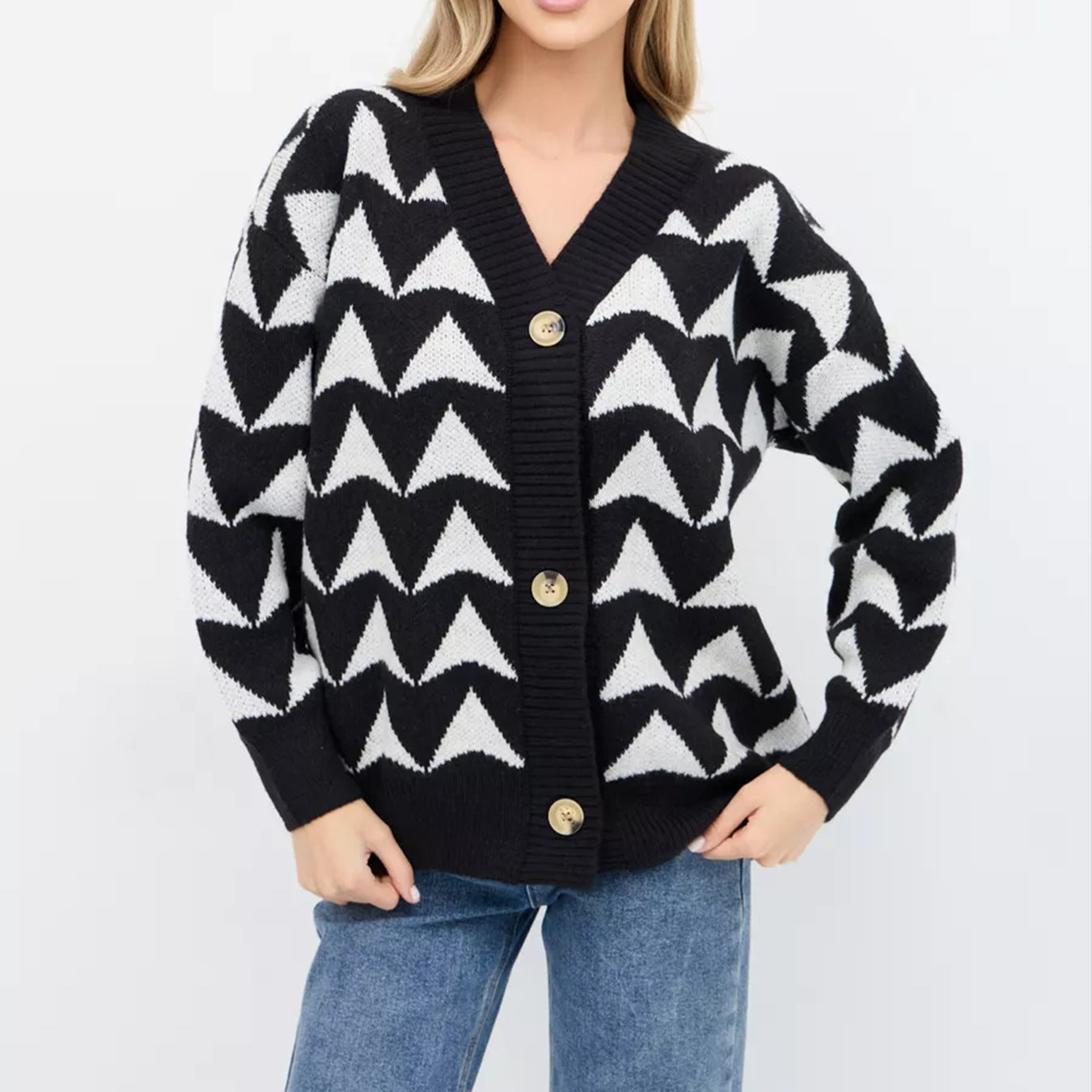 Damen Cardigan Wellenmuster Golden Knöpfe Eveloria