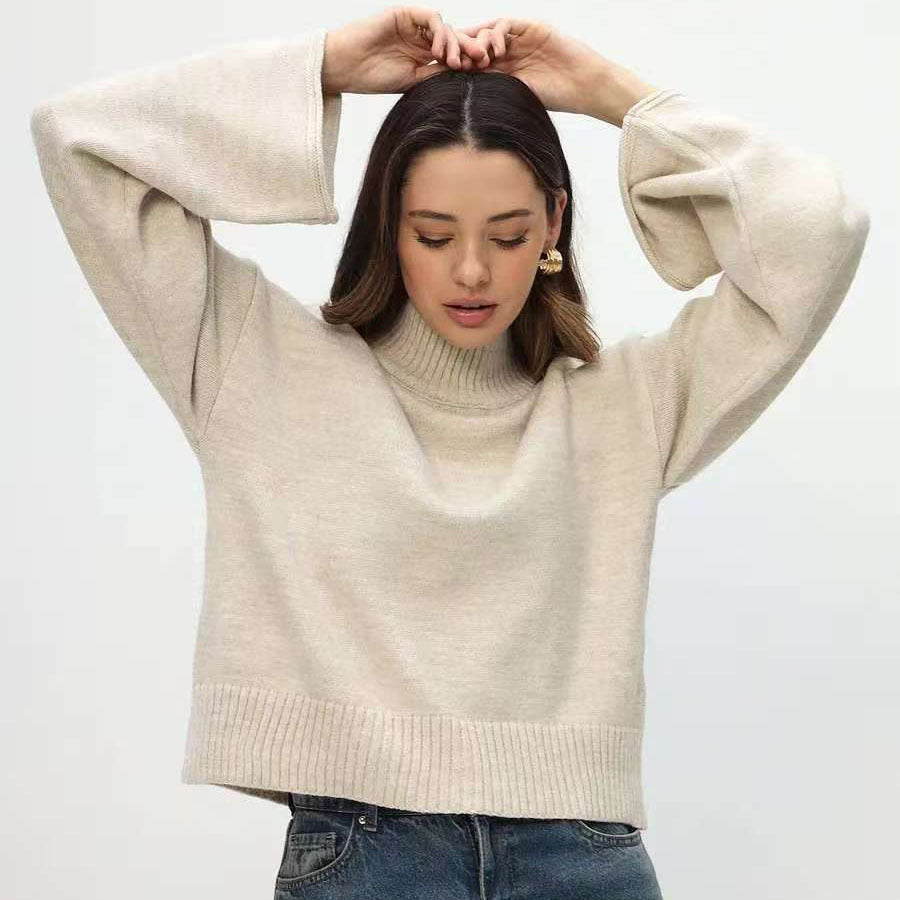 Damen Pullover Grobstrick Stehkragen Voluminöse Ärmel Eveloria