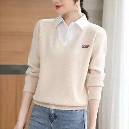 Damen Pullover V-Ausschnitt Hemdkragen Eveloria