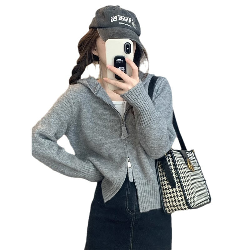 Damen Strickjacke Leicht Hoodie Reißverschluss Grau