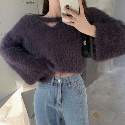 Damen Cropped Pullover Flauschig Weiches Strickmuster Grau