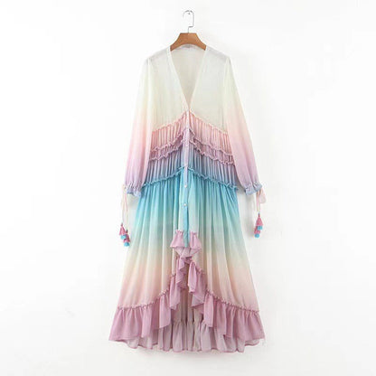 Damen Maxikleid Rüschendetails Ombre-Effekt