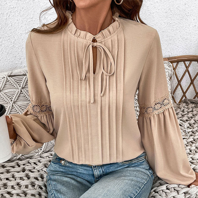 Damen Longbluse Spitzenakzente Feine Falten Elégant Weiß
