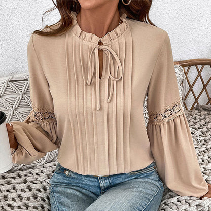 Damen Longbluse Spitzenakzente Feine Falten Elégant Weiß
