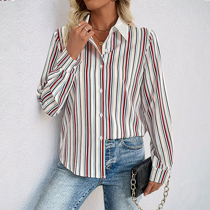 Damen Hemdbluse Streifenmuster Eleganter Kragen Weiß