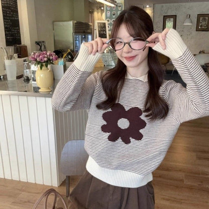 Damen Pullover Gestreift Mit Floralem Muster Lässig