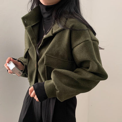 Damen Wolljacke Oversized Lässige Taschen Braun