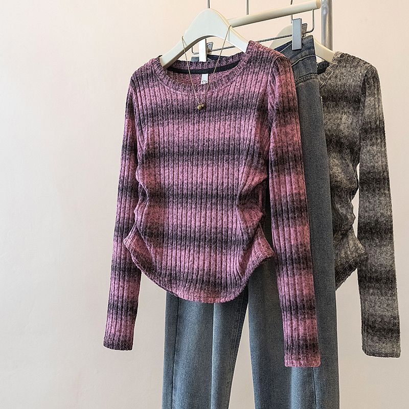 Damen Langarm-Shirt Legeres Rippmuster Gestreift Eveloria