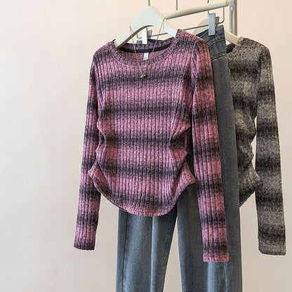 Damen Langarm-Shirt Legeres Rippmuster Gestreift Eveloria