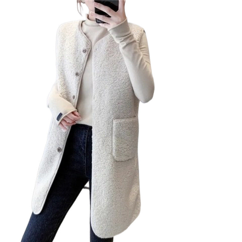 Damen Weste Kuschelig Druckknöpfe Seitentaschen Beige