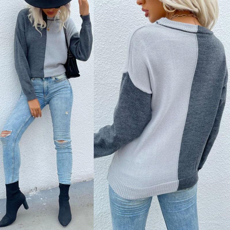 Damen Pullover Asymmetrisches Farbblock-Design Langarm Eveloria