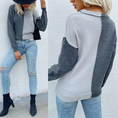 Damen Pullover Asymmetrisches Farbblock-Design Langarm Eveloria