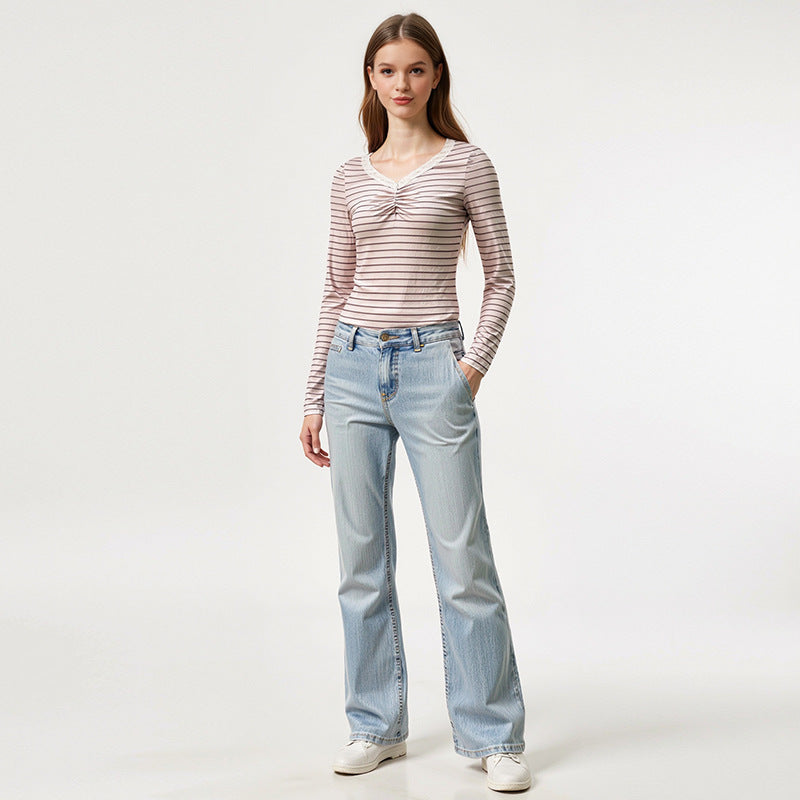 Damen Langarmshirt Gestreift mit Rüschendetails Eveloria