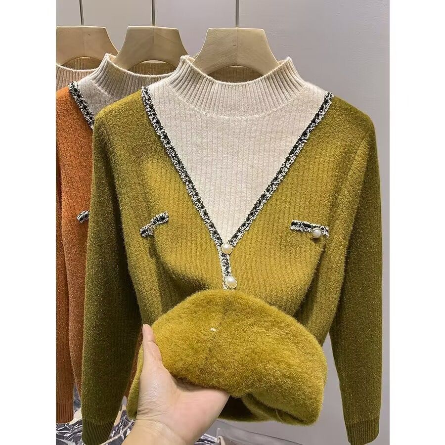 Damen V-Pullover mit Schimmer-Details und Knöpfen Eveloria