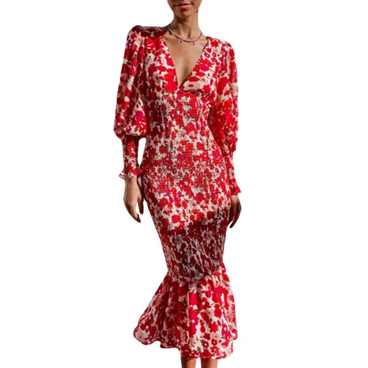 Damen Bodycon Kleid Rüschensaum Blumenmuster
