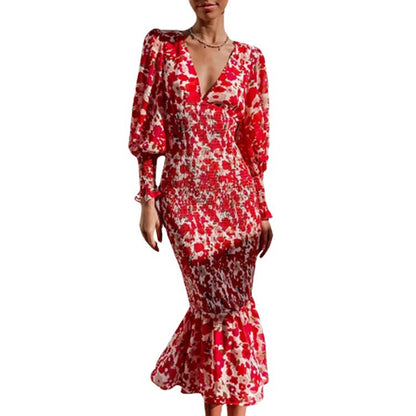 Damen Bodycon Kleid Rüschensaum Blumenmuster