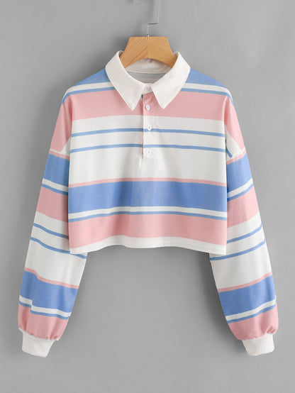 Damen Polo-Shirt Crop-Design Farbblockmuster Eveloria