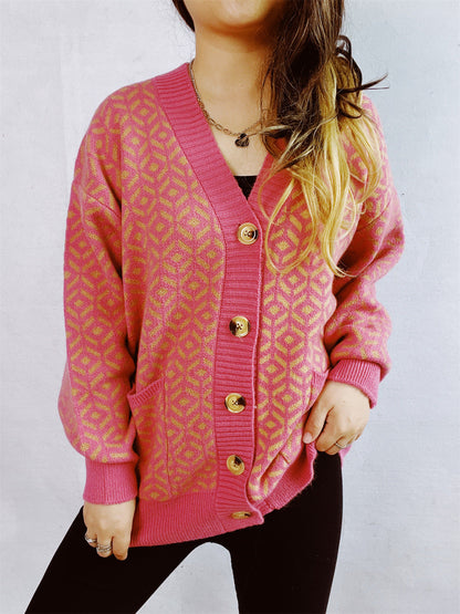 Damen Strickjacke geometrisches Muster Goldton