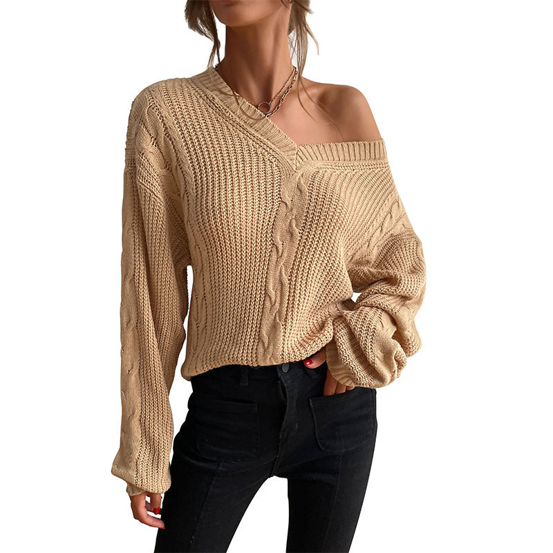 Damen Strickpullover V-Ausschnitt Rautenmuster Eveloria
