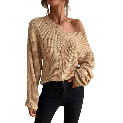 Damen Strickpullover V-Ausschnitt Rautenmuster Eveloria