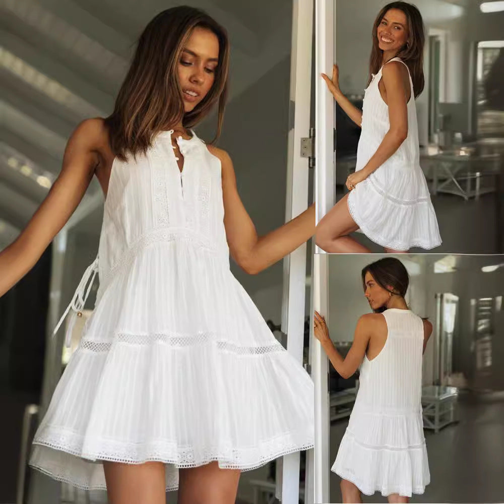 Damen Sommerkleid Boho-Stil Spitze Verspielter Saum Beige - Eveloria