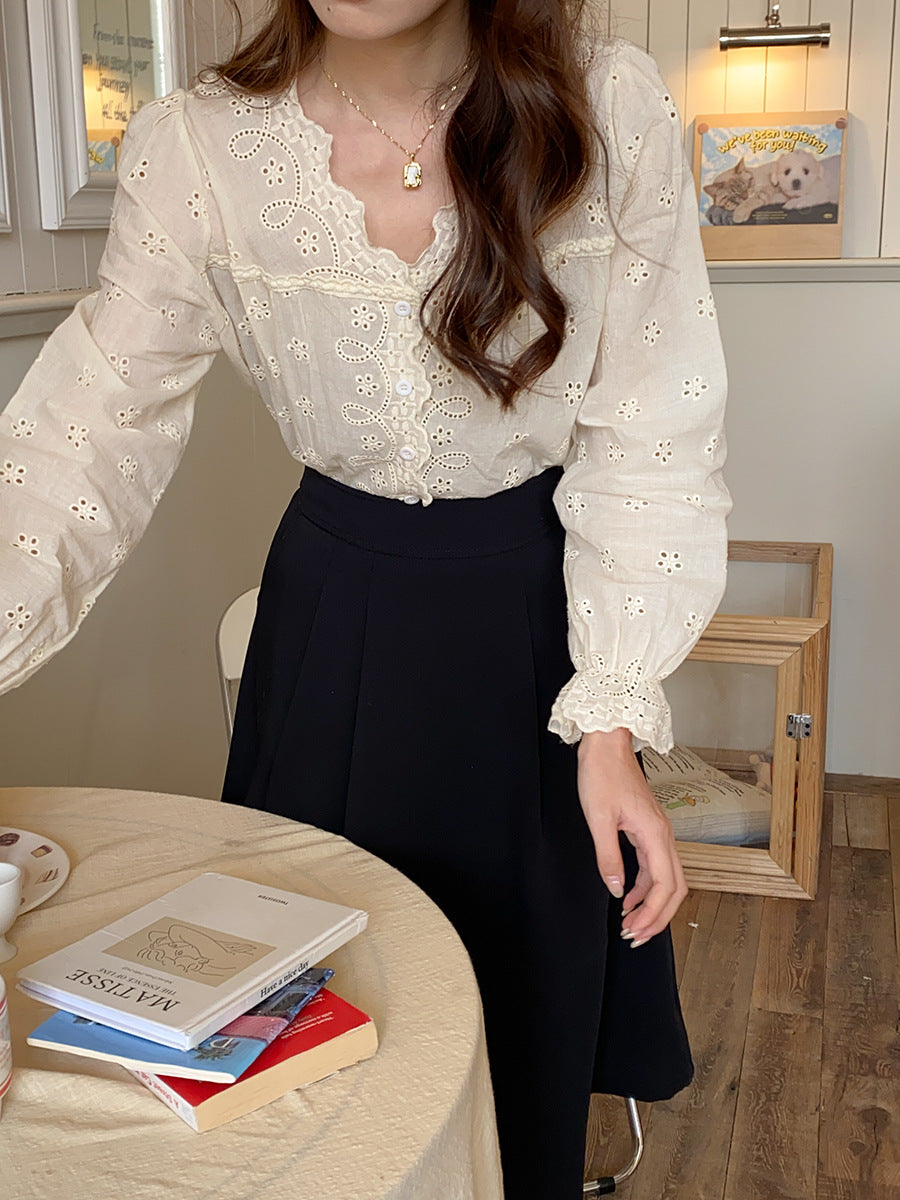 Damen Bluse Spitzenkante Knöpfe Weiß