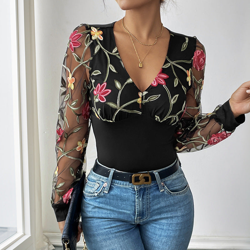 Damen Body mit Puffärmeln und V-Ausschnitt Bestickt Transparent