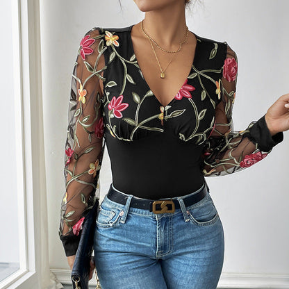 Damen Body mit Puffärmeln und V-Ausschnitt Bestickt Transparent
