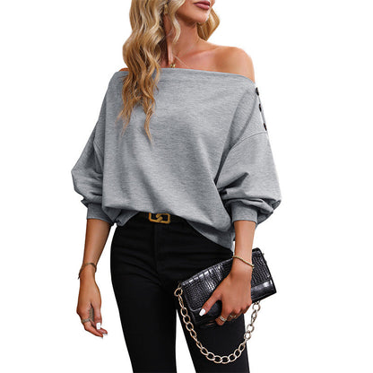 Damen Off-Shoulder Sweatshirt mit Druckknöpfen