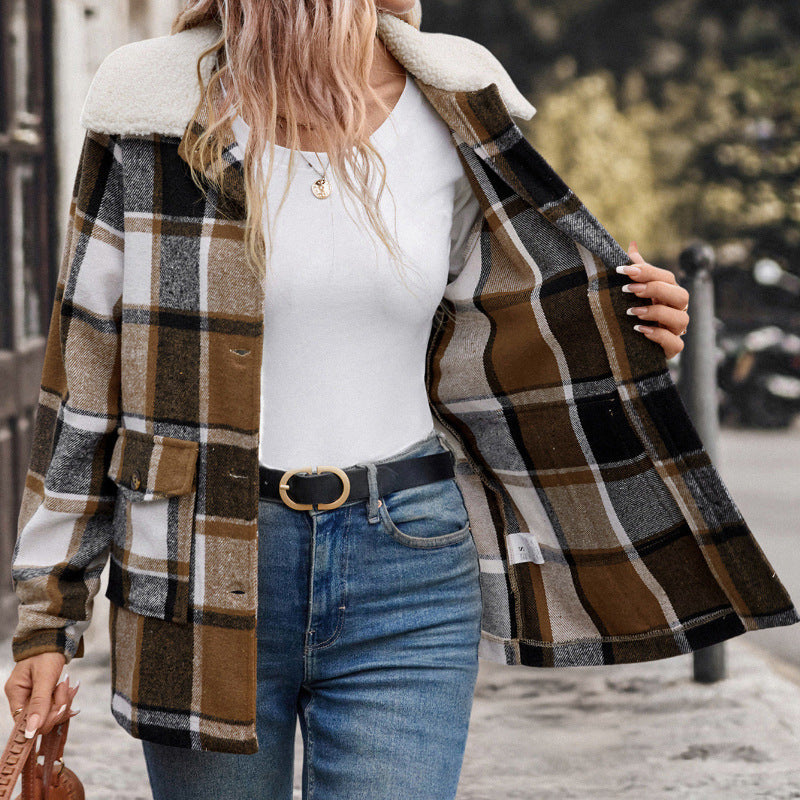 Damen Flanelljacke Karomuster Große Taschen Braun