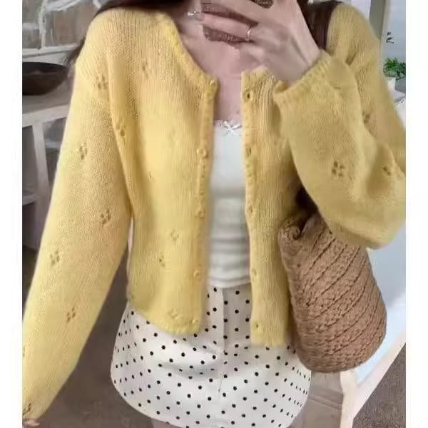 Damen Strickjacke Blütenmuster Elegant Knöpfe Beige