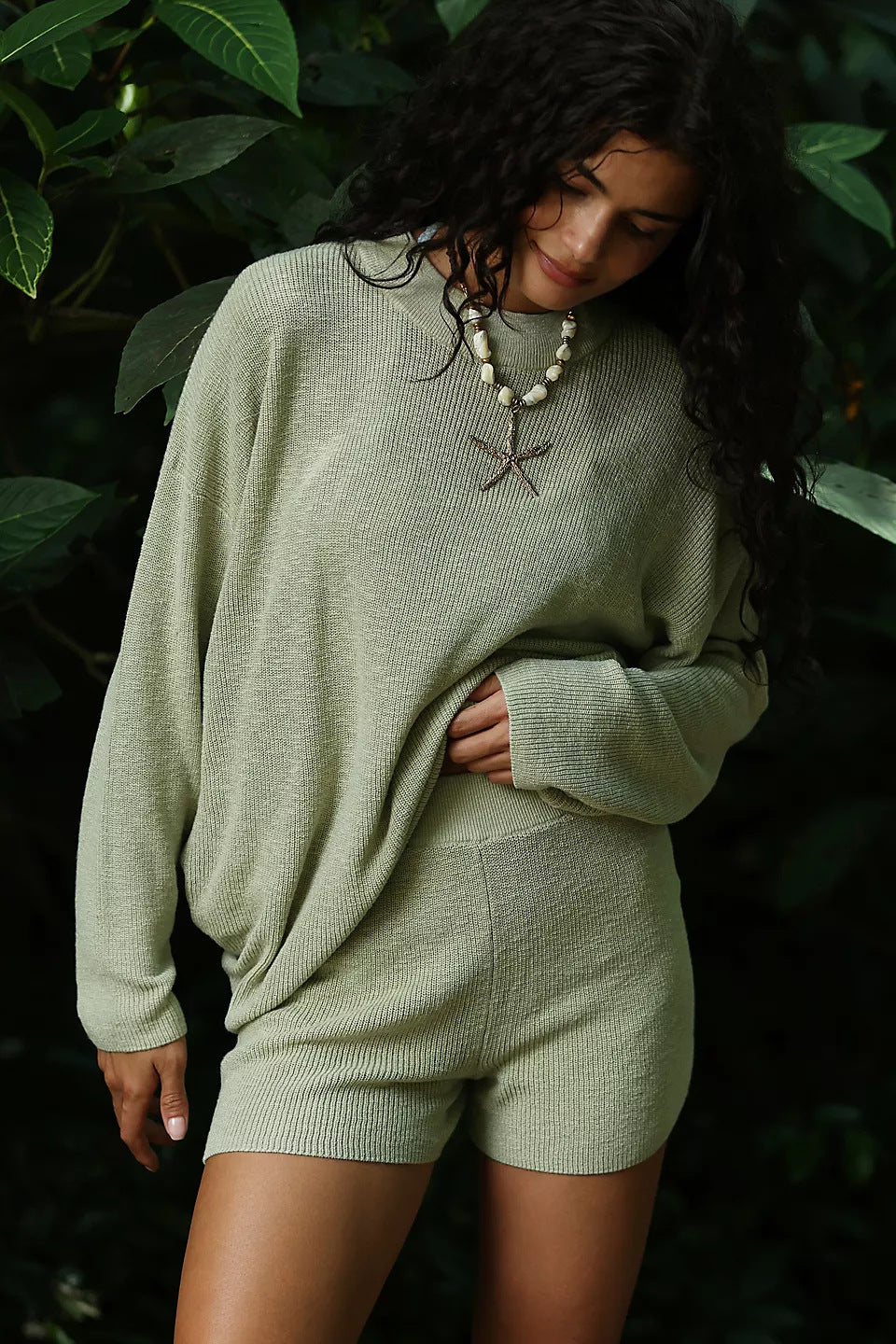Damen Strick-Set Oversized Pullover Kurze Hose Grau Eveloria