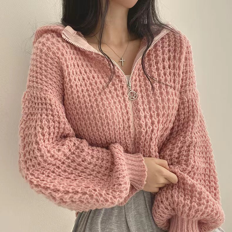 Damen Strickjacke Lässiger Reißverschluss Voluminöse Ärmel Eveloria