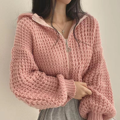 Damen Strickjacke Lässiger Reißverschluss Voluminöse Ärmel Eveloria