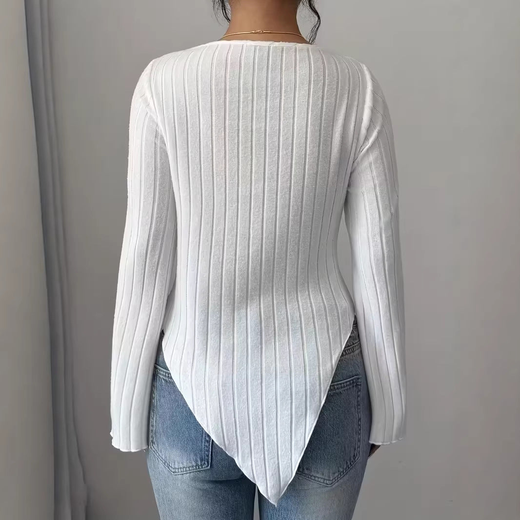 Damen Oberteil Langärmlig Asymmetrisch Rippdesign Eveloria