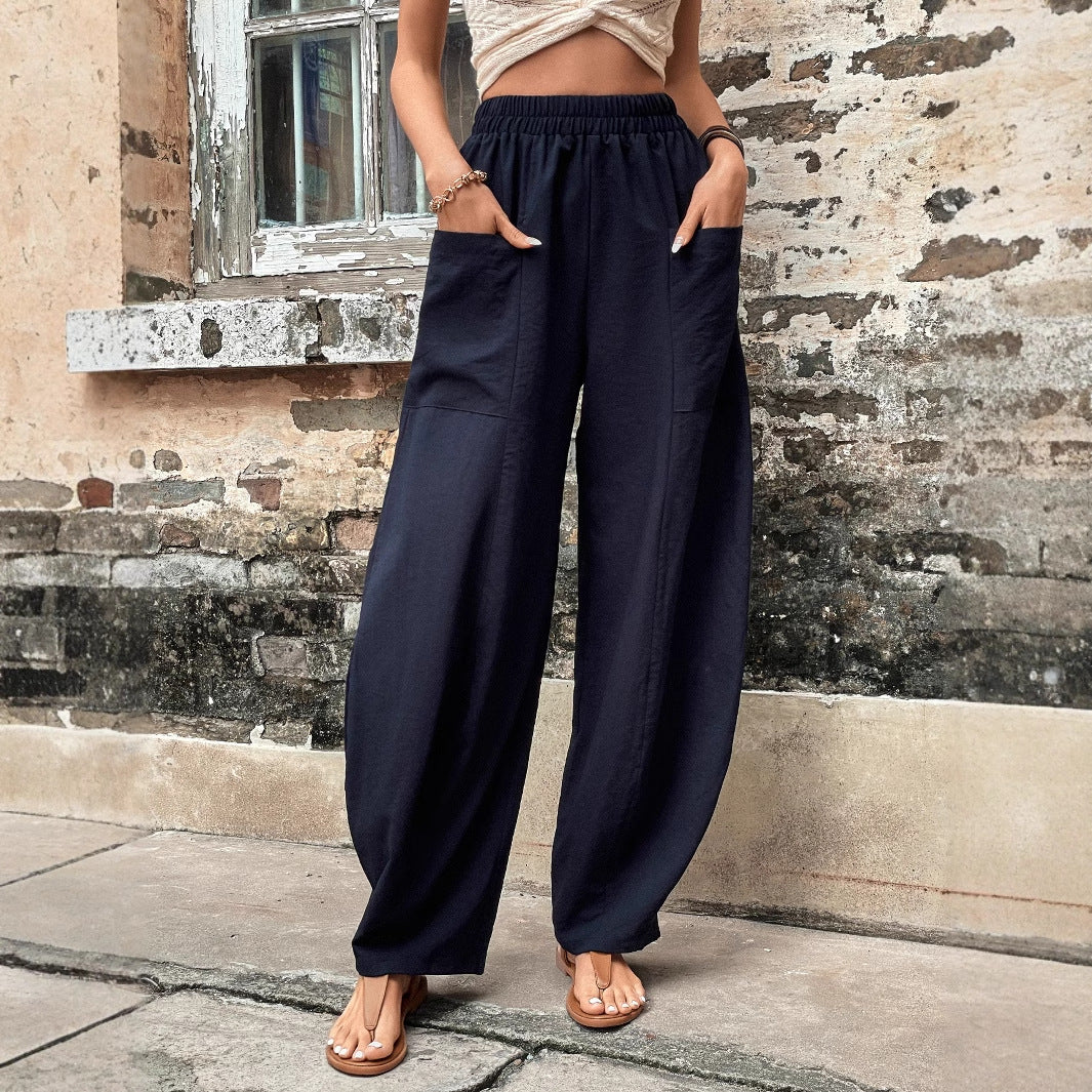 Damen Haremshose Elastischer Bund Weite Bein mit Taschen