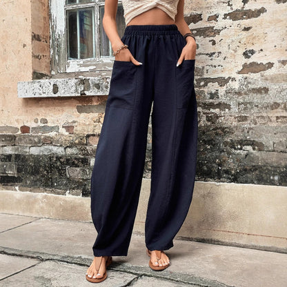 Damen Haremshose Elastischer Bund Weite Bein mit Taschen