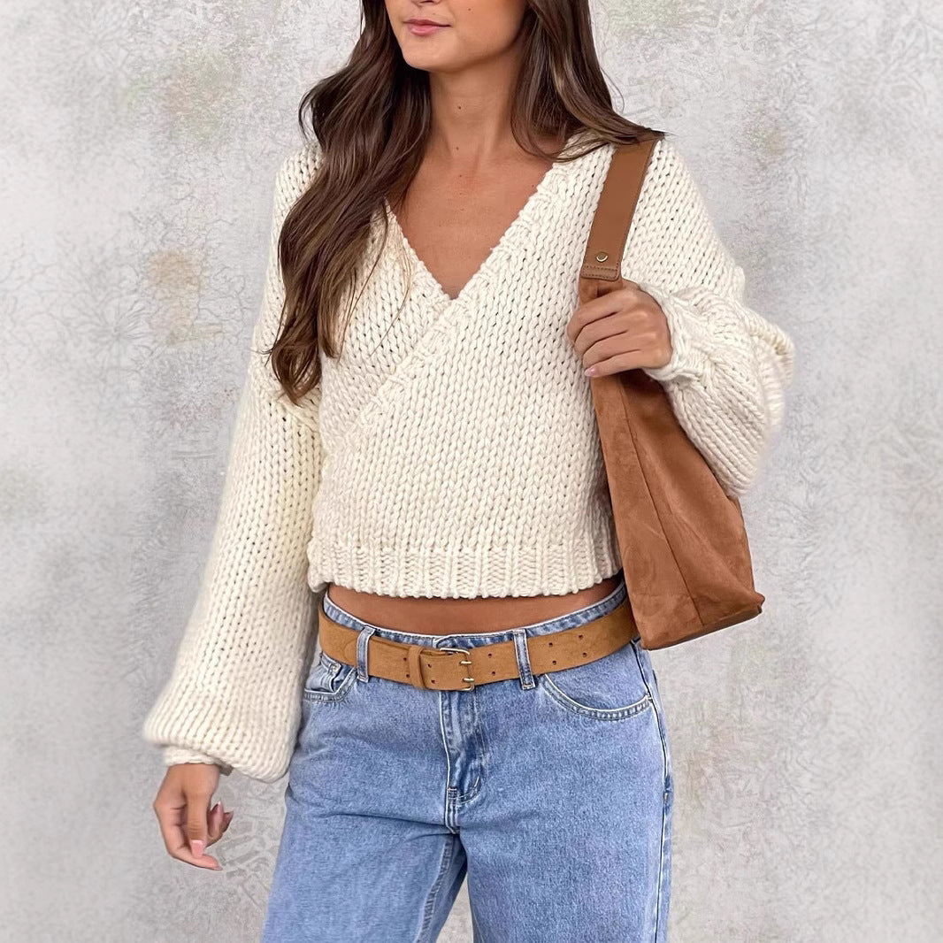 Damen Wickelpullover V-Ausschnitt Voluminöse Ärmel Eveloria