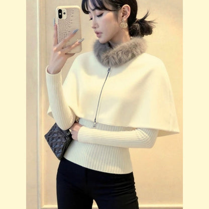 Damen Strickcape mit abnehmbarem Pelzkragen