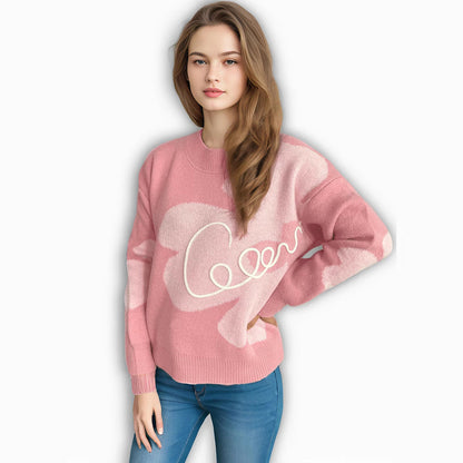 Damen Strickpullover Weich Florales Design Beige