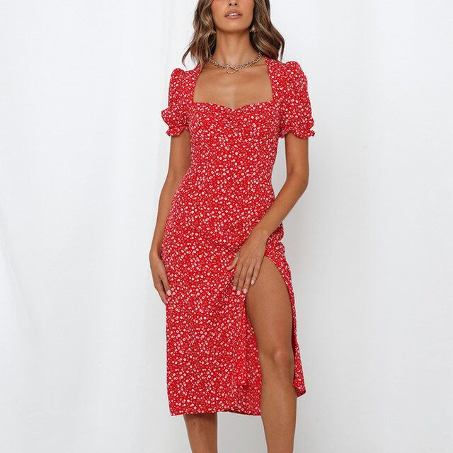 Damen Midikleid Blumenprint Seitenschlitz Eveloria