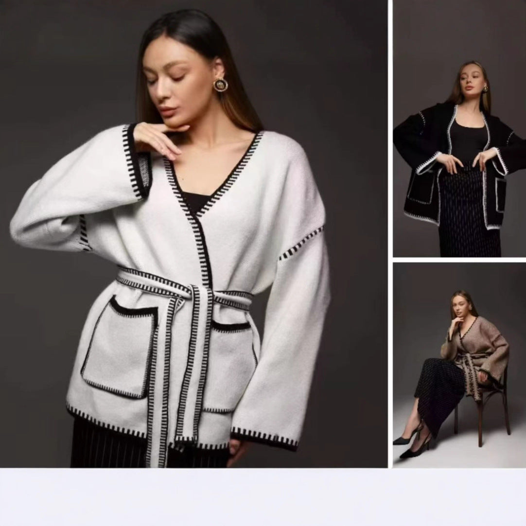 Damen Wickelpullover mit Taschen und Gürtel Elegantes Design Eveloria - Eveloria