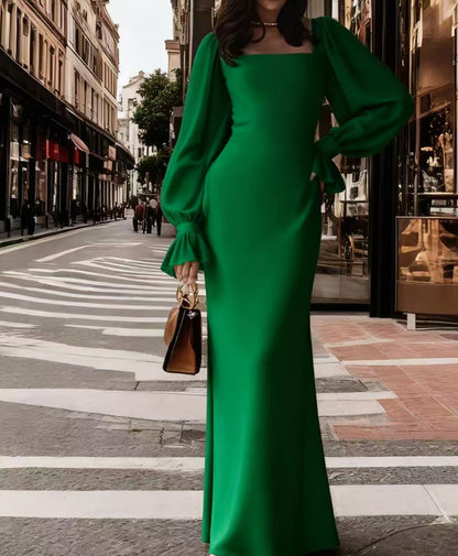 Damen Maxikleid Puffärmel Quadrat-Ausschnitt Eveloria