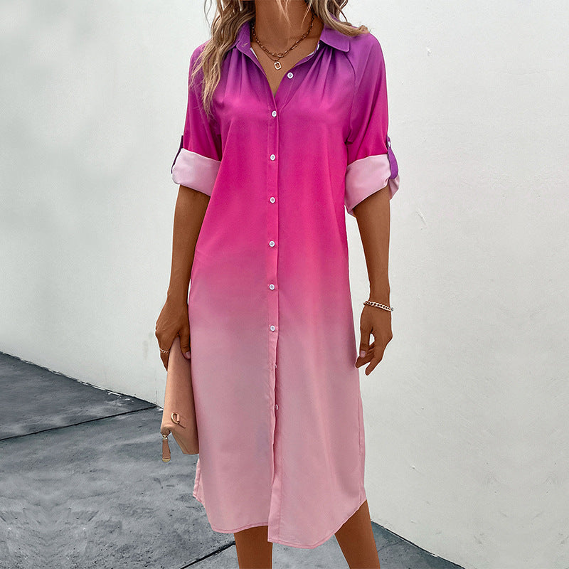 Damen Midi Hemdkleid Farbverlauf Elegantes Knopfdesign