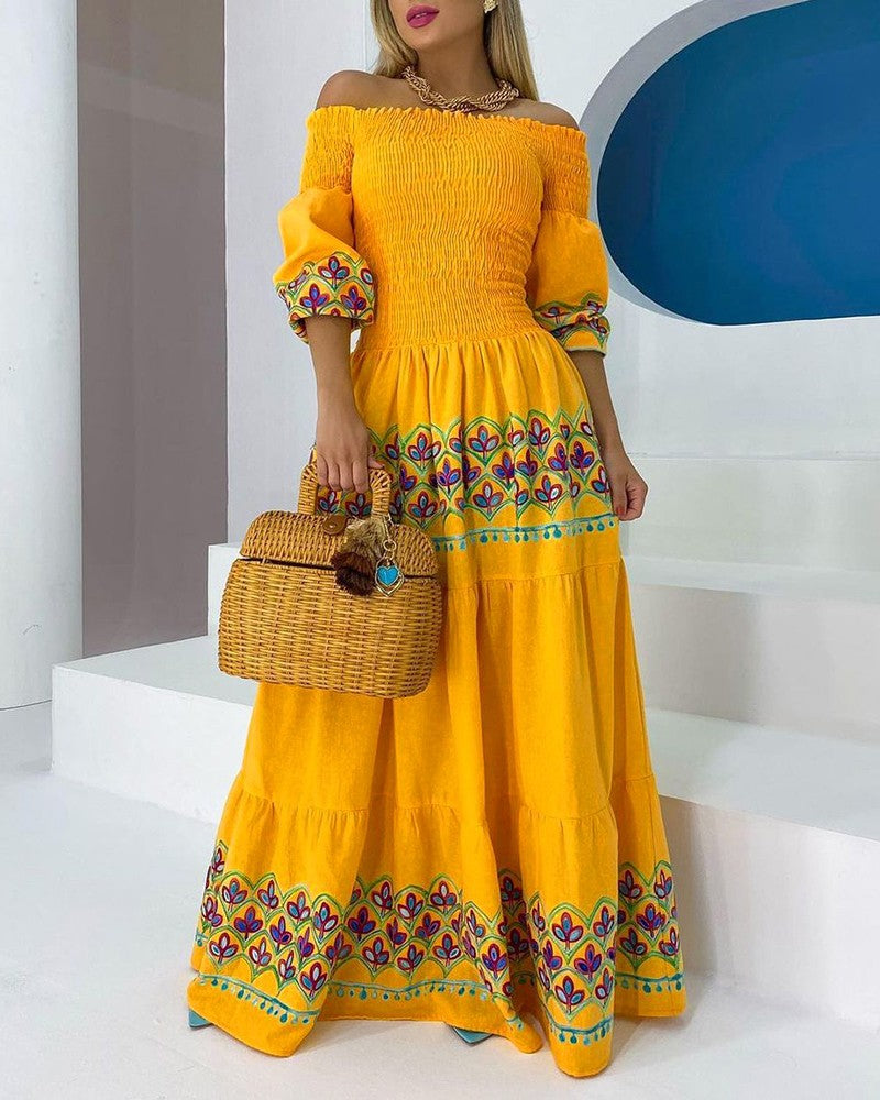 Damen Maxikleid Schulterfrei Stickerei Boho-Stil